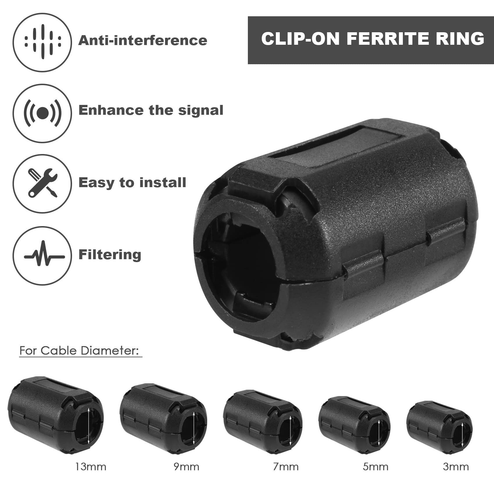 Bloepum 20 Pieces Clip-on Ferrite Ring Core RFI Noise Suppressor Cable Clip for 3mm/ 5mm/ 7mm/ 9mm/ 13mm Diameter Cable, Black