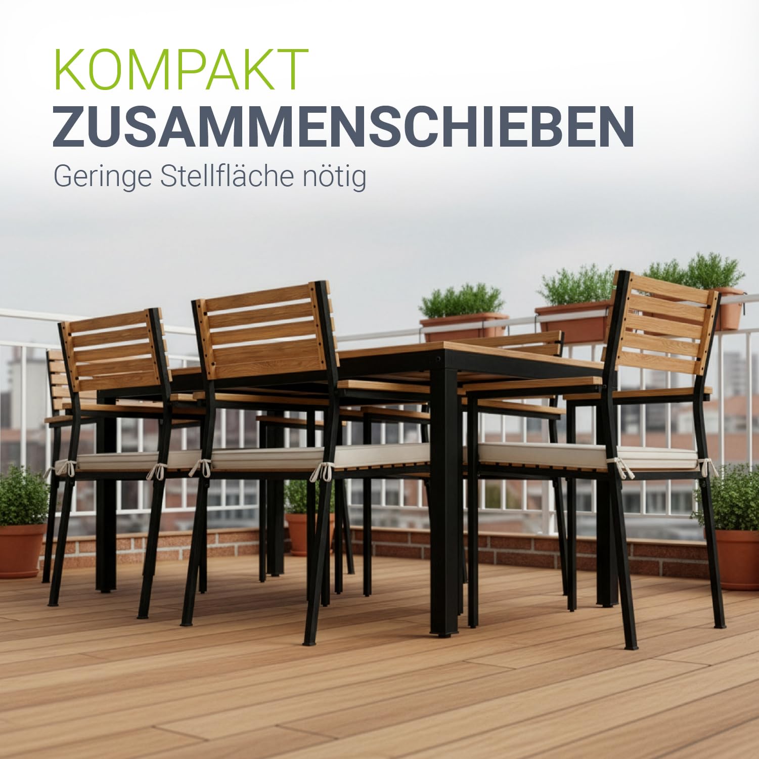 Juskys® Akazienholz Gartengarnitur Rhodos | Tisch, 6 Stühle & Sitzkissen | Holz Gartenmöbel Set 7-teilig | Sitzgruppe mit Stahlgestell für Garten, Terrasse oder Balkon | Natur & Schwarz