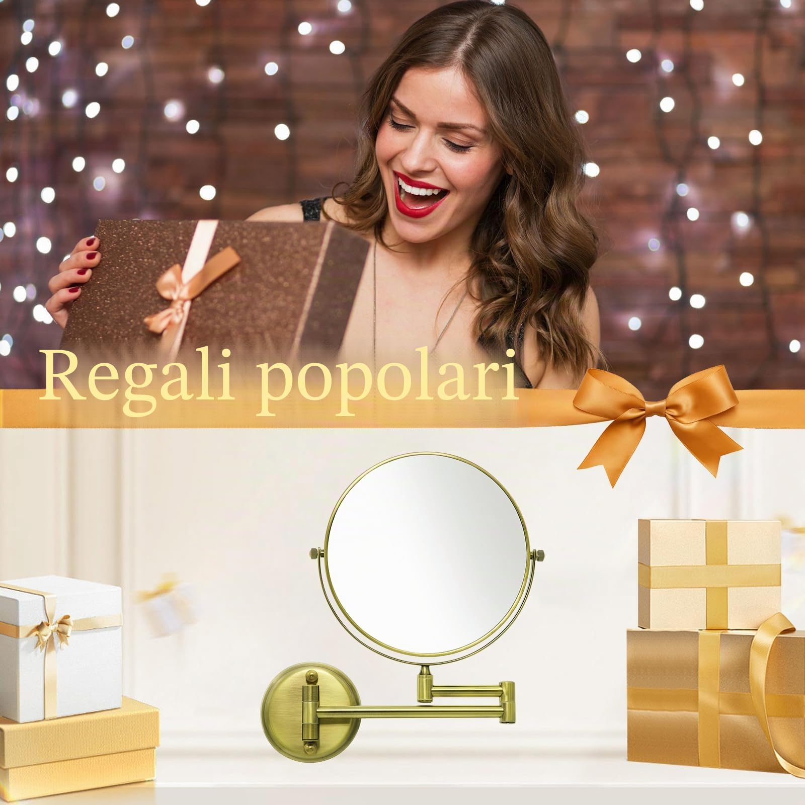 Nicesail Specchio Ingranditore da Parete 10x,Specchio Estensibile da Bagno Oro Bronzo,Specchio Bifacciale con Braccio Flessibile,Specchio per Barba Uomo,Diametro 20 cm