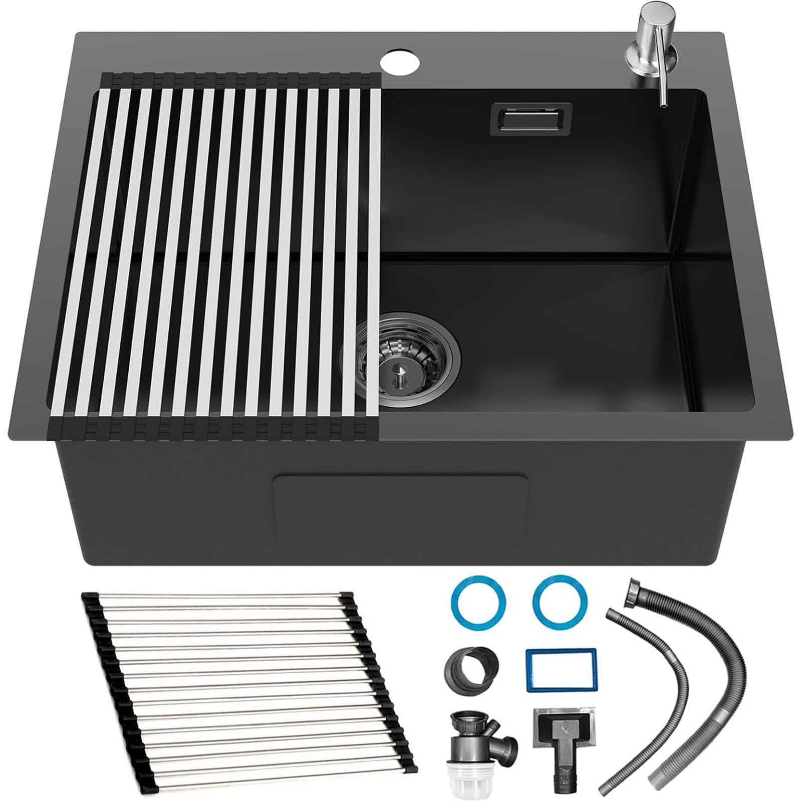 ZQFHSX Silver Kitchen Sink,Stainless Steel Square Single Bowl Outdoor Campervan Sink,for Flushmount and Topmount Installation, with Strainer & Overflow Kit(Black,55x45cm)