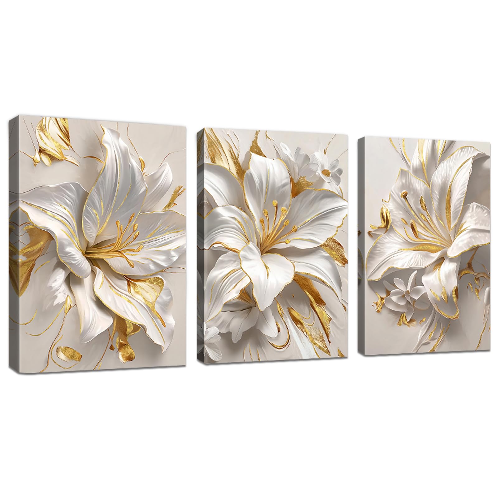 WENGTIAO Set of 3 White Gold Lilies Flowers Canvas Wall Art Prints Framed Pictures Minimalist Abstract Beige Floral Painting on Canvas Living Room Bedroom Home Wall Decor Ready to Hang 30x40cmx3