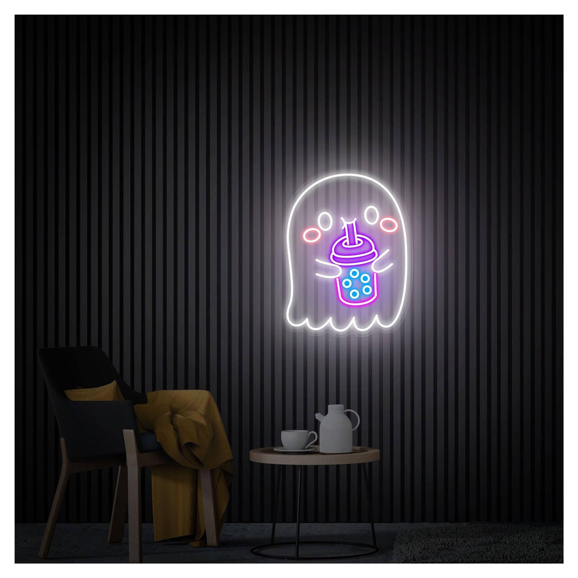 RONGCH Hanging Art Signs Ghost Drinking Bubble Tea Neon Sign,Suitable for Cafe Wall Decor with Dimmable 31cmx40cm(C)