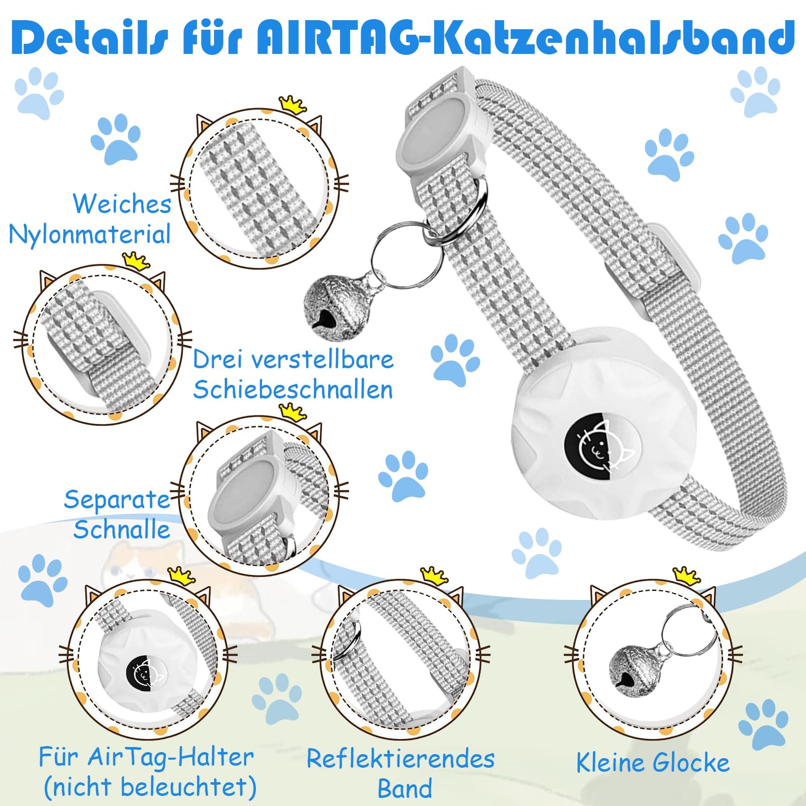 Cat Collar for AirTag Integrated Reflective Kitten Collar, Puppy Cat Collar with Bell - Image 2