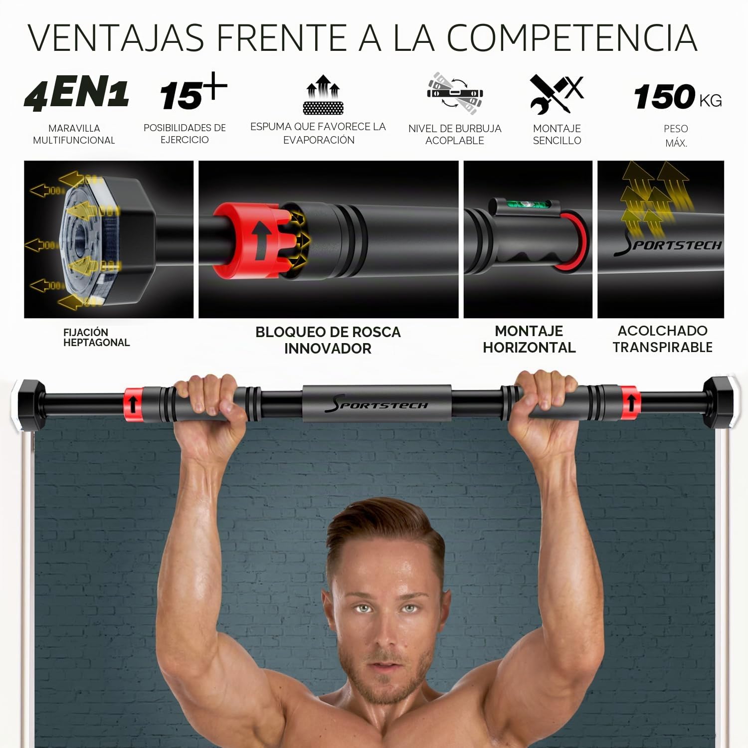 Barra Dominadas con Función Innovadora de Fijación | Segura y rápida - Barra de Dominadas sin Tornillos para el Marco de la Puerta | Barra para casa ajustable hasta 90 cm | KS260/KS270 incl. eBook