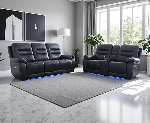 Miniatura 41 de Juego de sofá para sala de estar, sofá de dos plazas con consola de almacenamiento, portavasos, luz LED, puerto USB para apartamento, oficina