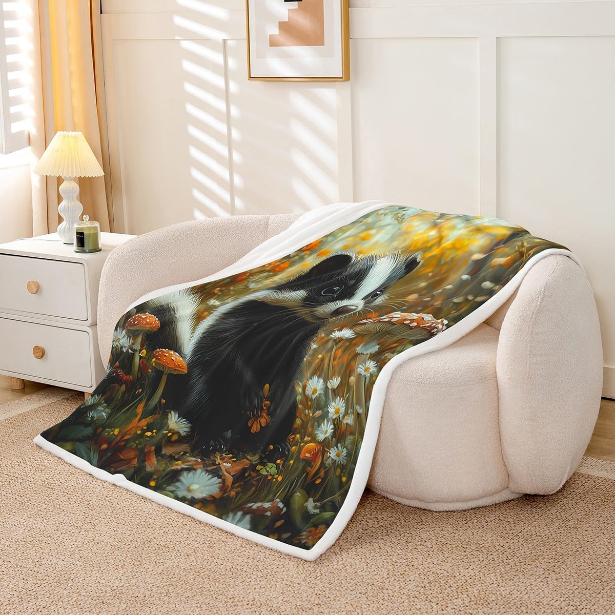 Erosebridal Kids Skunk Sherpa Blanket,Cute Wild Animals Throw Blanket Queen Size Rustic Floral Flannel Blanket for Boys Girls Teens Adult,Country Flower Wildlife Fleece Blanket Decorative Sofa Couch