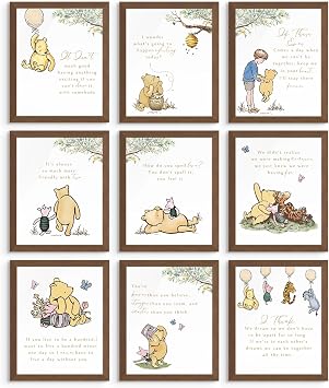 Winnie the Pooh Wall Art - Classic Winnie the Pooh Nursery Decor, Friendship Quotes, Wall Art Decor Photos Bedroom Playroom, Quotes Prints, Inspirational Sayings - Unframed Set of 9 8x10"