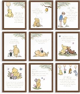 Winnie the Pooh Wall Art - Classic Winnie the Pooh Nursery Decor, Friendship Quotes, Wall Art Decor Photos Bedroom Playroom, Quotes Prints, Inspirational Sayings - Unframed Set of 9 (8x10")