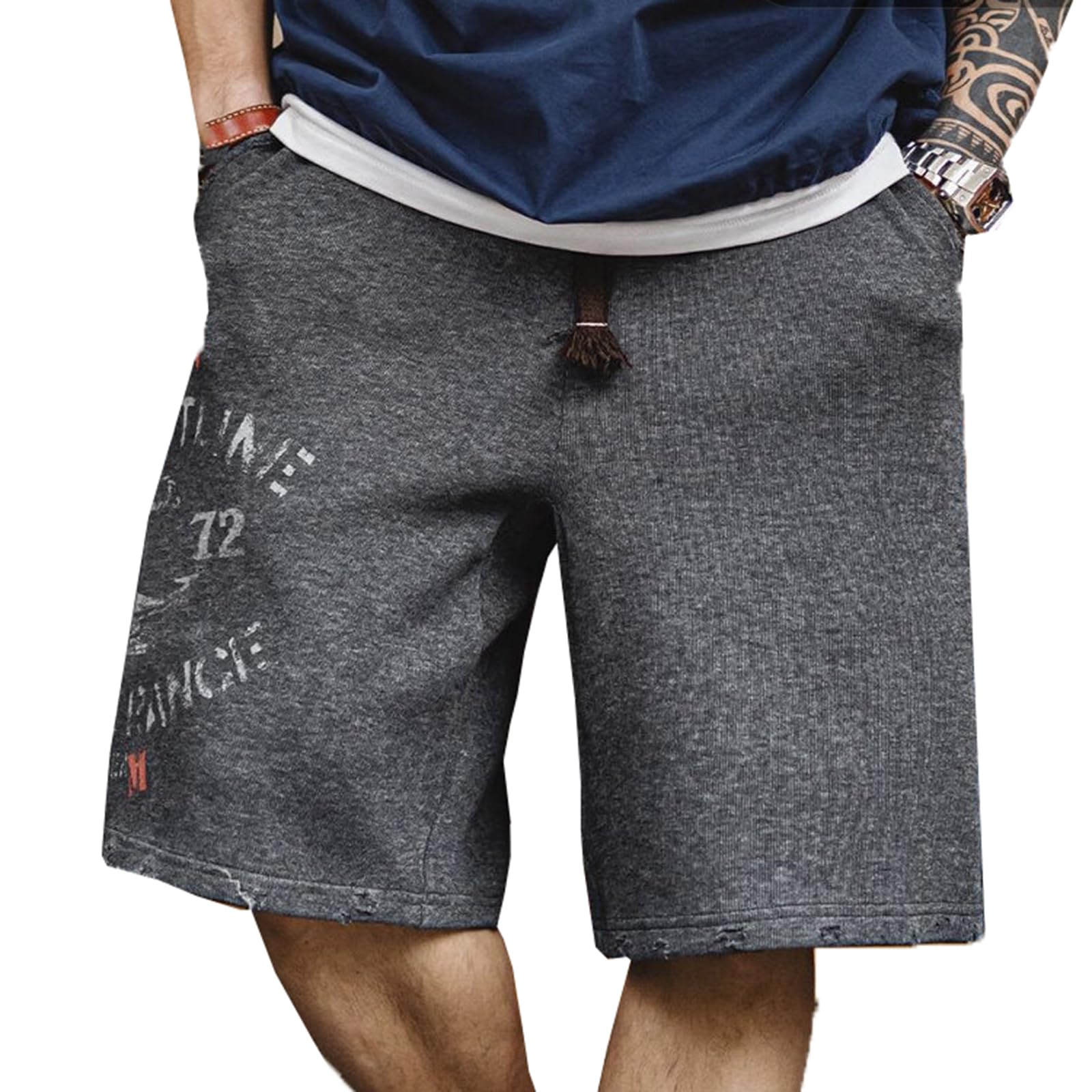 Mens Casual Shorts Knit Drawstring Elastic Waist Print Frayed Running Athletic Shorts