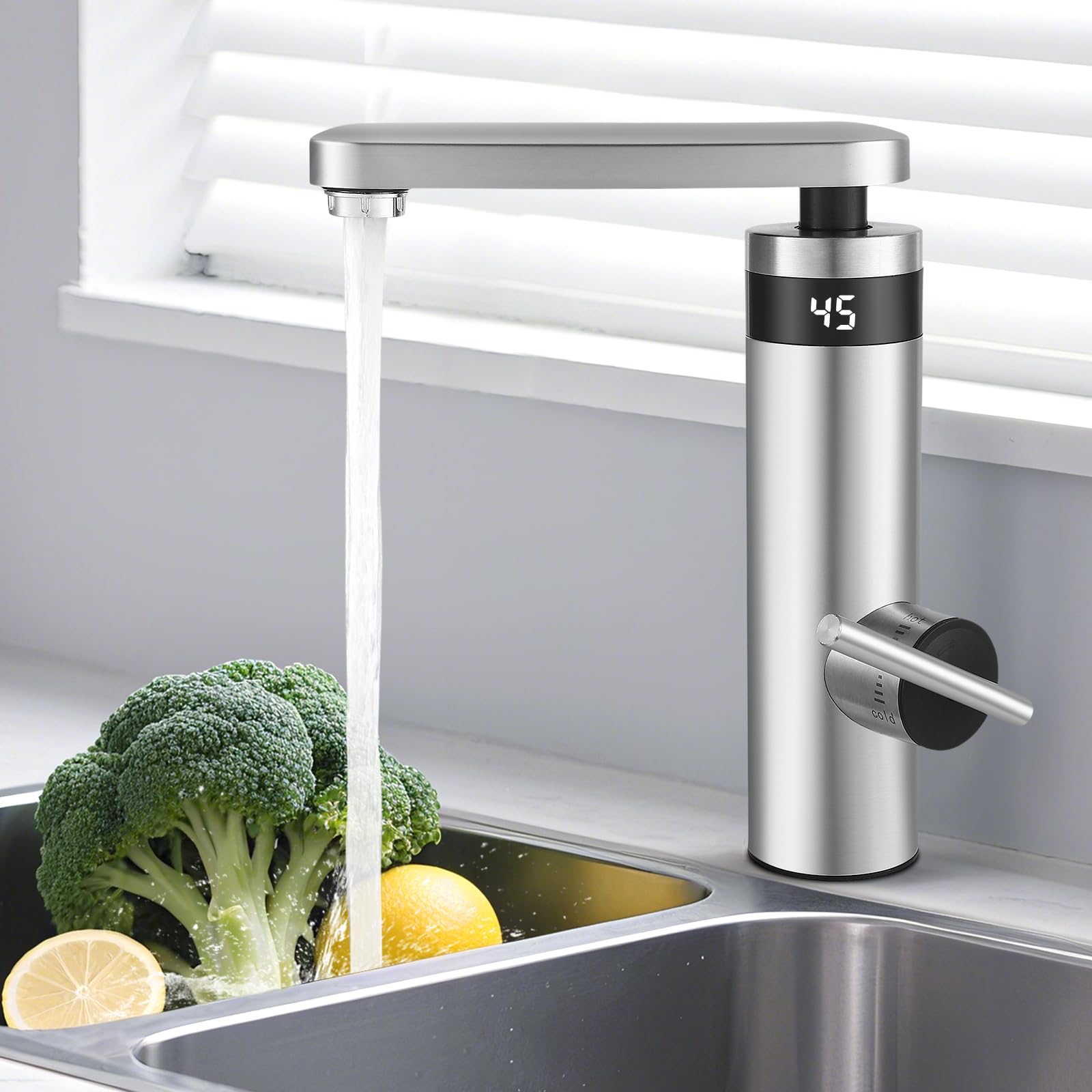 3000 W 230 V grifo de agua eléctrico de paso de acero inoxidable con calentador de agua, grifo de cocina con indicador de temperatura, grifo de agua caliente y fría para cocina y baño