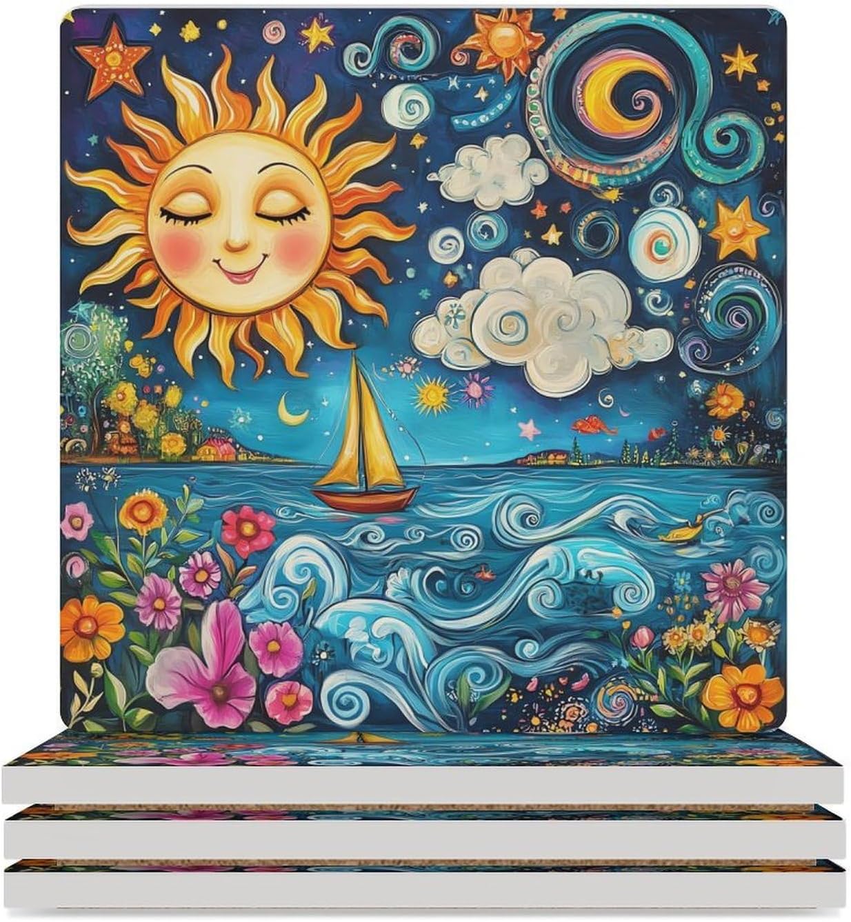 Sun and Moon Face Ceramic Coasters Set Square Drink Coasters Table Coaster for Kitchen Desktop Decor