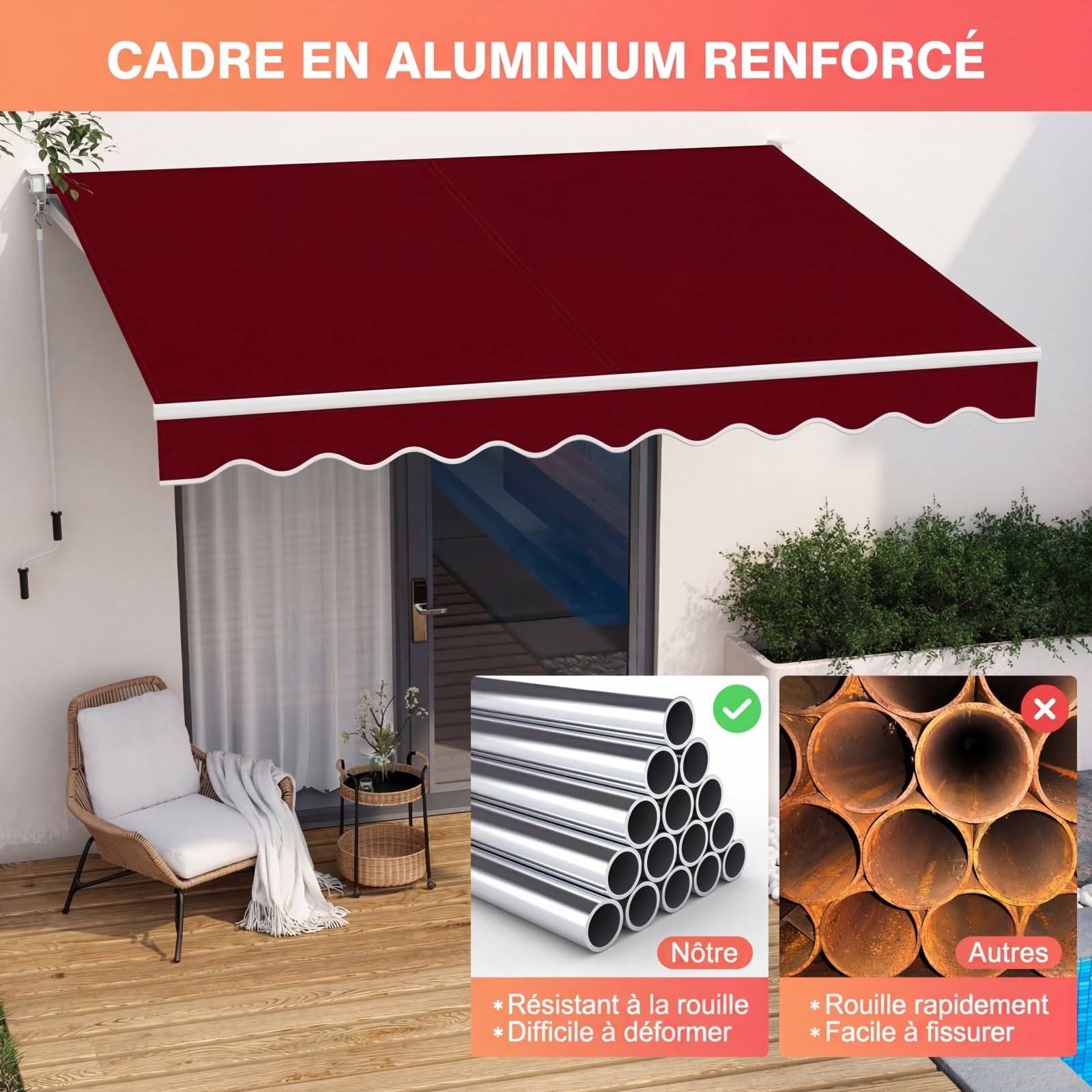 RELAX4LIFE Store Banne Manuel Rétractable avec Manivelle, Auvent Balcon en Polyester Anti-UV, Cadre en Alu, Inclinaison 40°-100°, Store Banne pour Porte, Fenêtre, Terrasse (Bordeaux,295 x 250 CM)