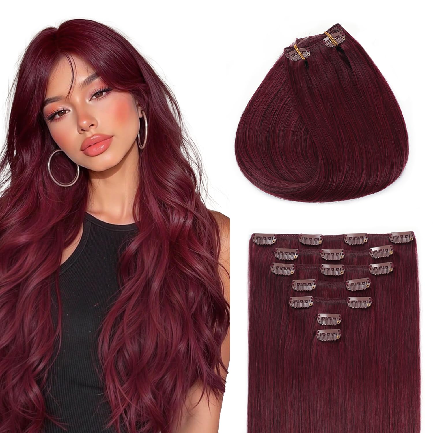 Sunya Clip in Hair Extensions Real Human Hair 7 Pcs Human Hair Clip in Extensions 20 Inch Straight Double Weft Remy Human Hair Extensions Clip ins for Women #99J Burgundy 80G