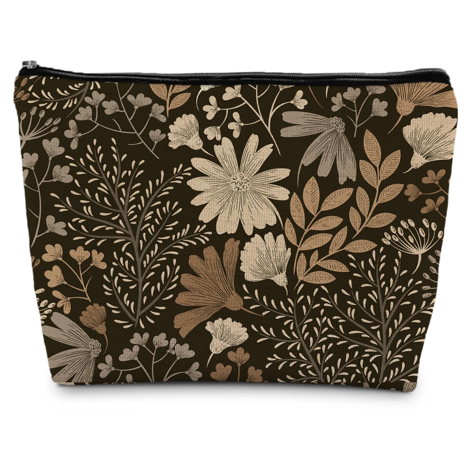 Floral Makeup Bag, Retro Boho Floral Cosmetic Bag, Vintage Botanical Makeup Bag Bag Toiletry Bag, Dark Academia Floral Zipper Pouch for Purse, Black Aesthetic Makeup Bag