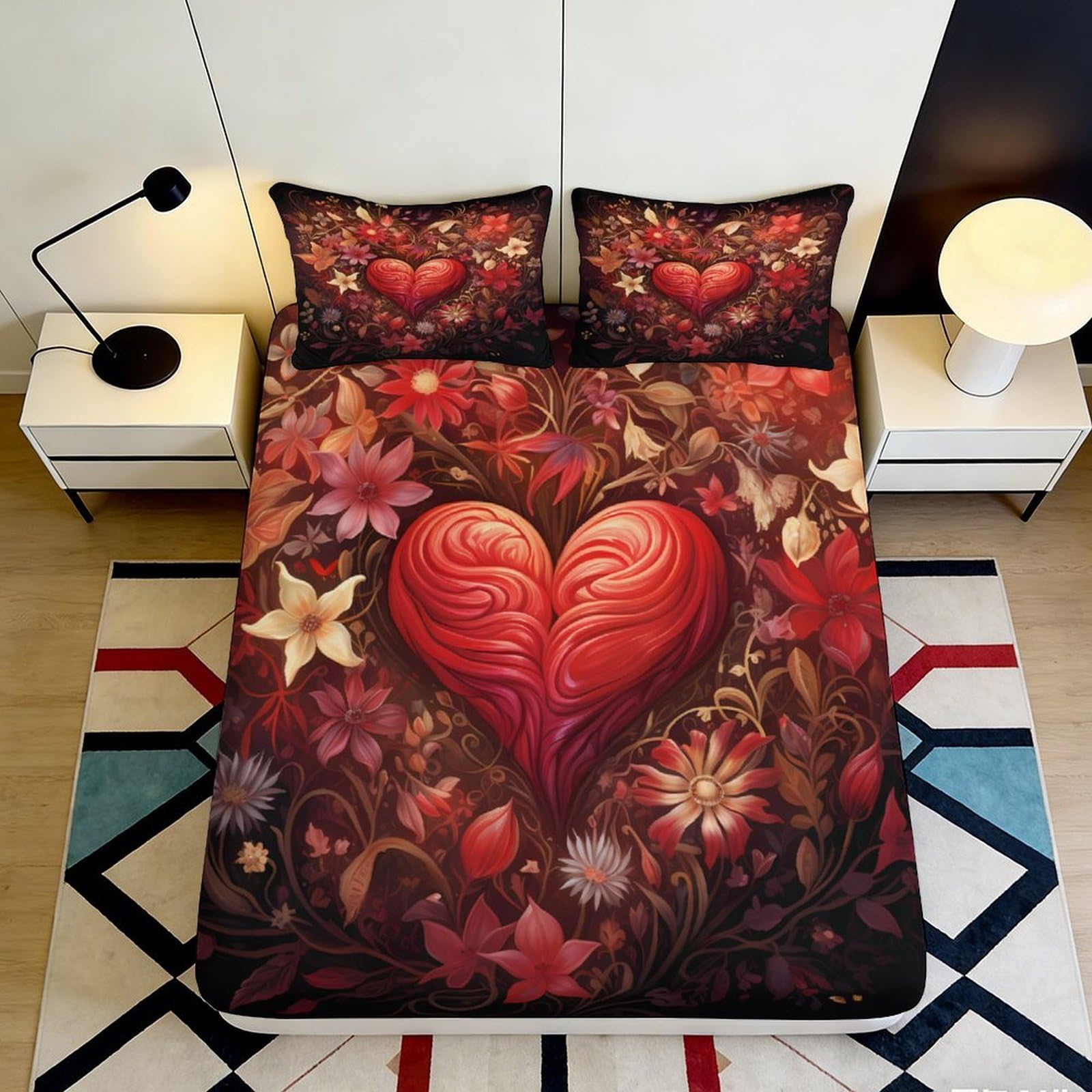 3D Printed Heart Floral Fitted Sheet Microfiber Anti-Slip Red Artistic Mattress Cover for Bedroom Guest Room Decor 90x200x25cm