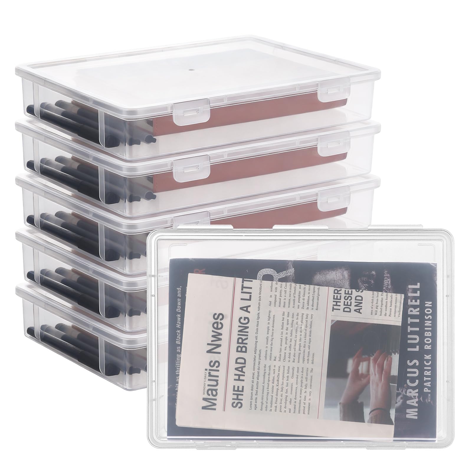 WOPPLXY 6 PCS Plastic Storage Box with Lids, 27x19.5x5CM Clear Photo Postcards Document Storage Boxes for Filing and Organizing, Transparent Project Case for Office and Home B5/A5