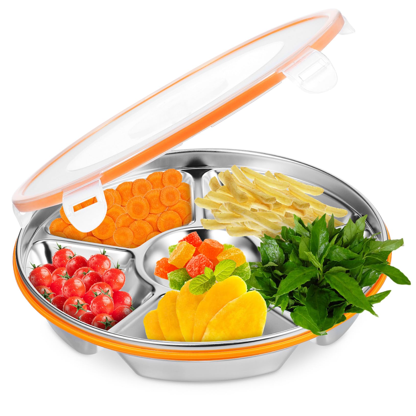Snackbox Edelstahl mit Deckel Servierplatte mit 6 Fächern aus Edelstahl und Pp Getrenntes Design für Picknick und Outdoor