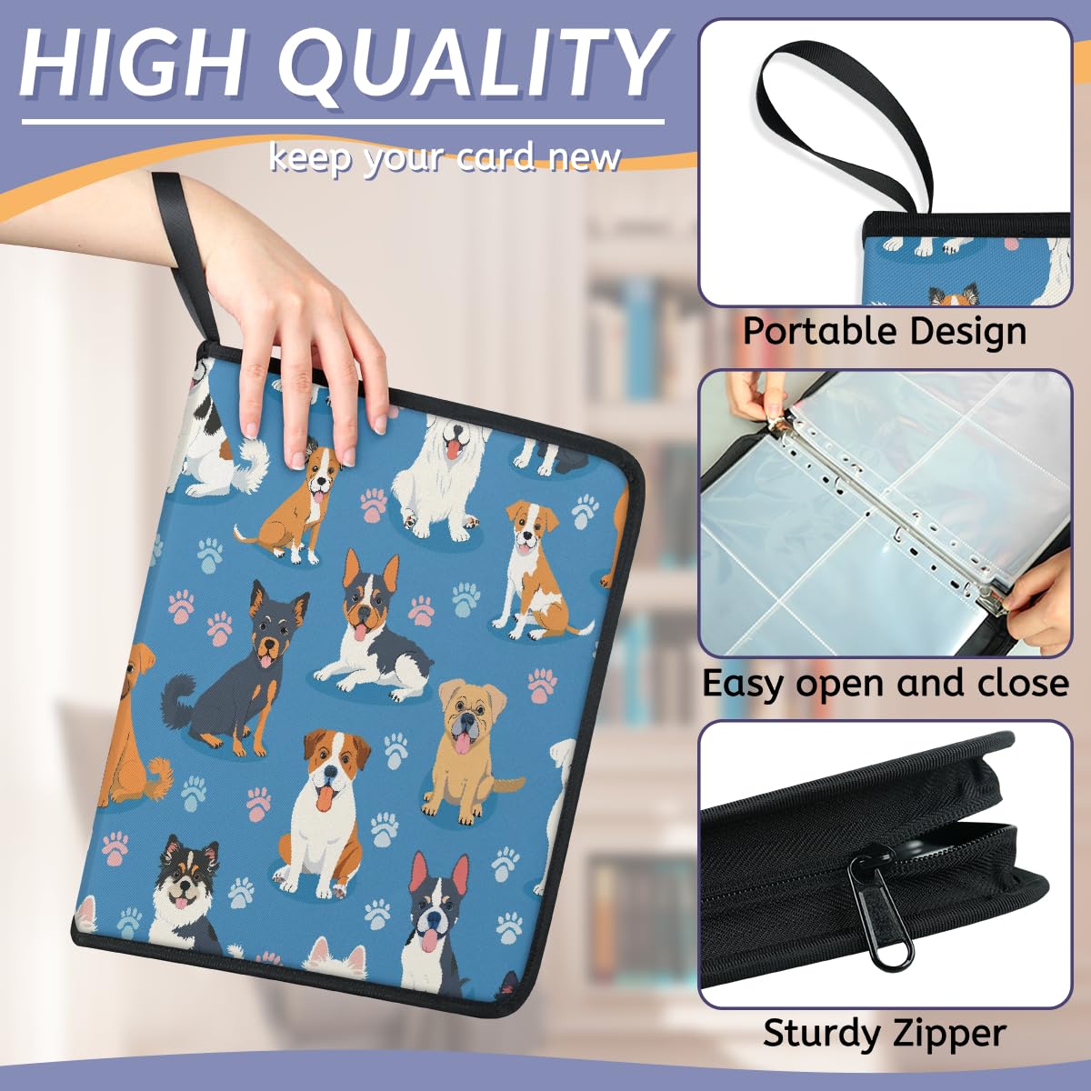 Raccoglitore per carte collezionabili con 4 tasche, con tasche per cuccioli, con maniche rimovibili, impermeabile, con cerniera, 50 pagine, capacità 400 carte
