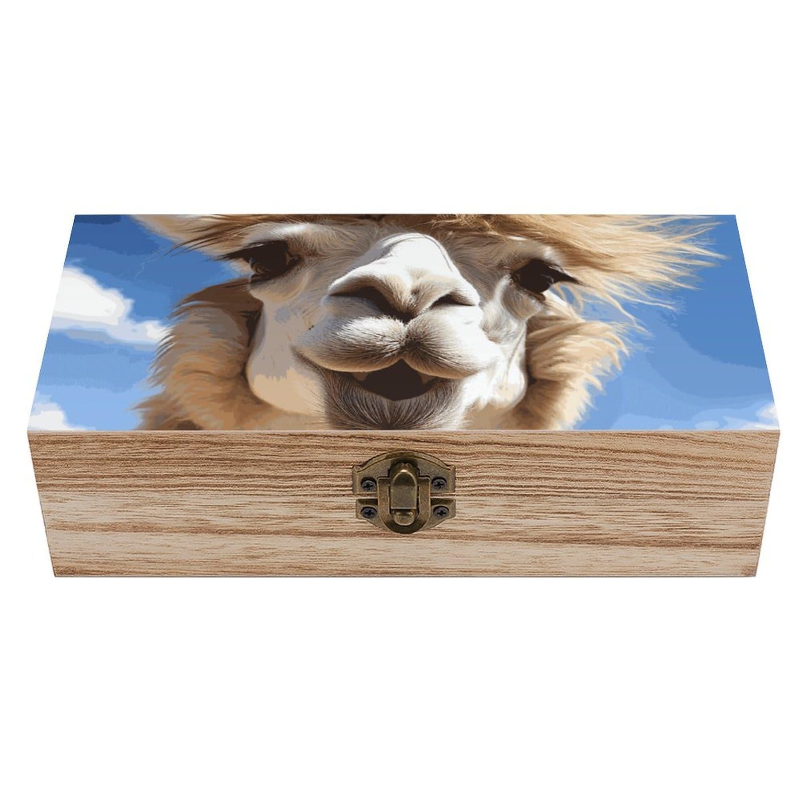 DWVTSLH Funny Alpaca Llama Wooden Storage Box Locked Wood Gift Box Decorative Keepsake Boxes Storage Bins, Memory Boxes for Pictures, Jewelry Organizer Unique Gift Ideas for Men Women