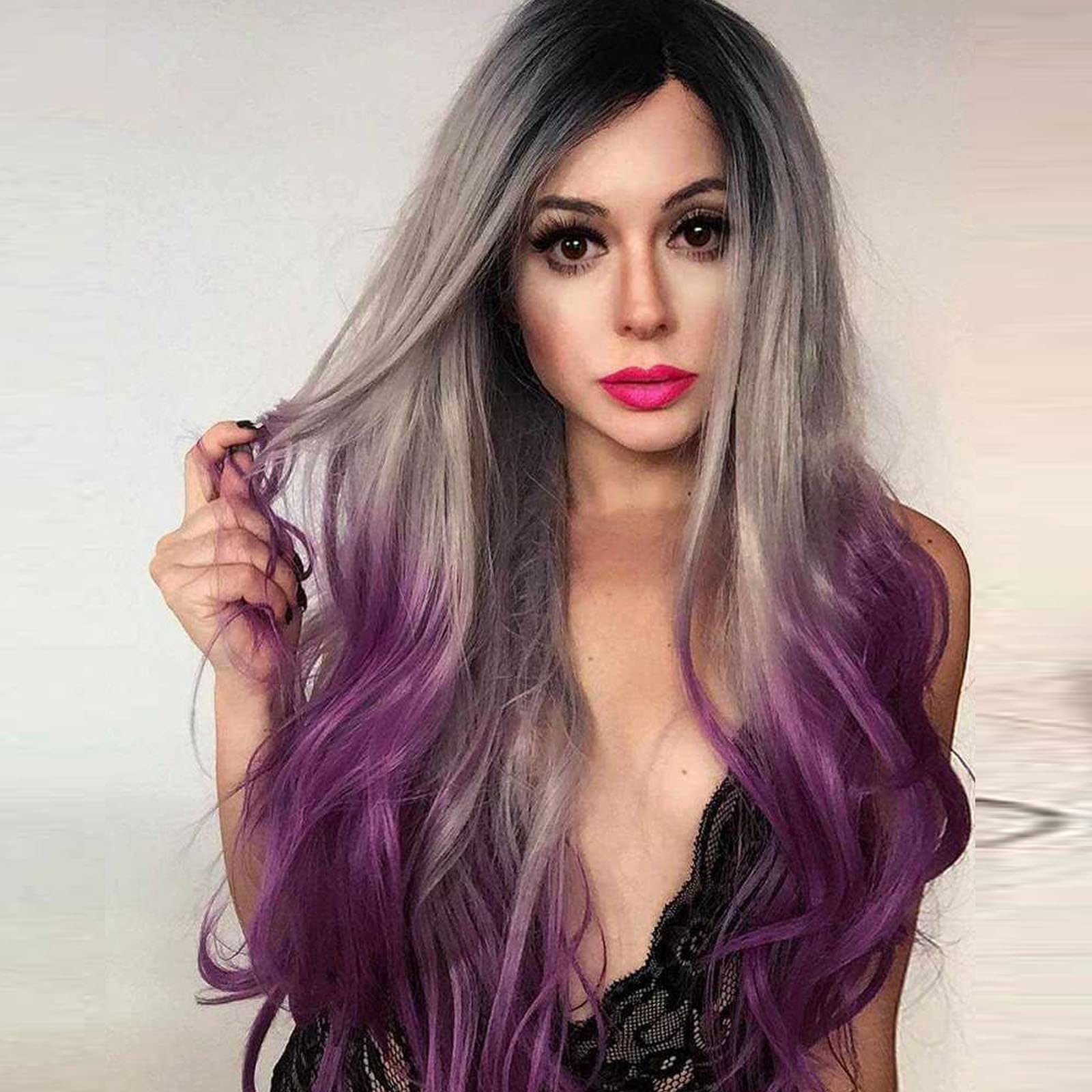 Gray Purple Ombre LaceFront Wig 24-28 inches!! Ombre Purple Wigs for Women Long Wavy Dark Brown Roots Ash  main image 4