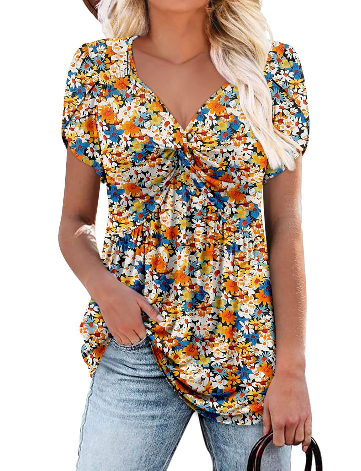 ONLYSHE Womens V Neck Shirts Short Sleeve Tops Front Knotted T Shirt Casual Solid&Floral Tunic Summer Henley Tees Blouse