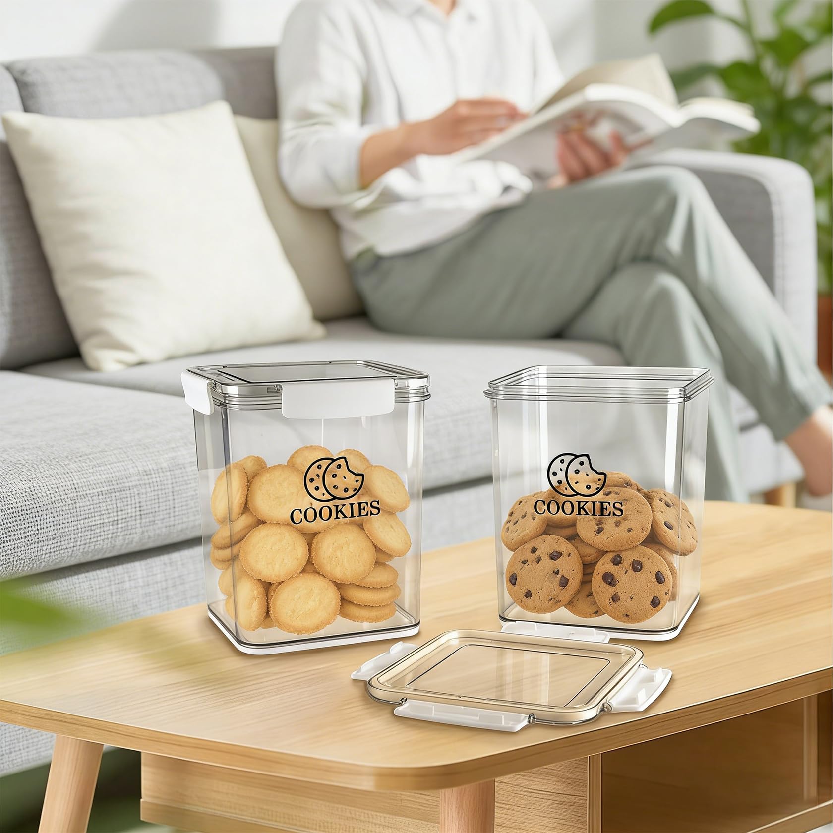 Juego de 2 tarros de galletas – Juego de 2 tarros de almacenamiento para galletas transparente hermético, bonito contenedor de almacenamiento de galletas de plástico con tapa, para aperitivos