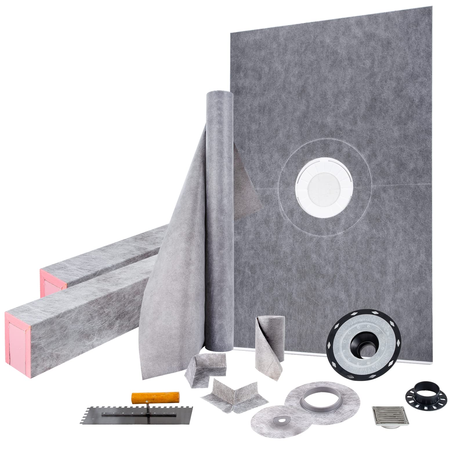 Vevor Gray Shower Curb Kit, 48"X72" Watertight Shower Curb Overlay With 4" Abs Central Bonding Flange, 4" Stainless Steel Grate, 2 Cuttable Shower Curb And Trowel, Shower Pan Slope Sticks Fit For Bathr
