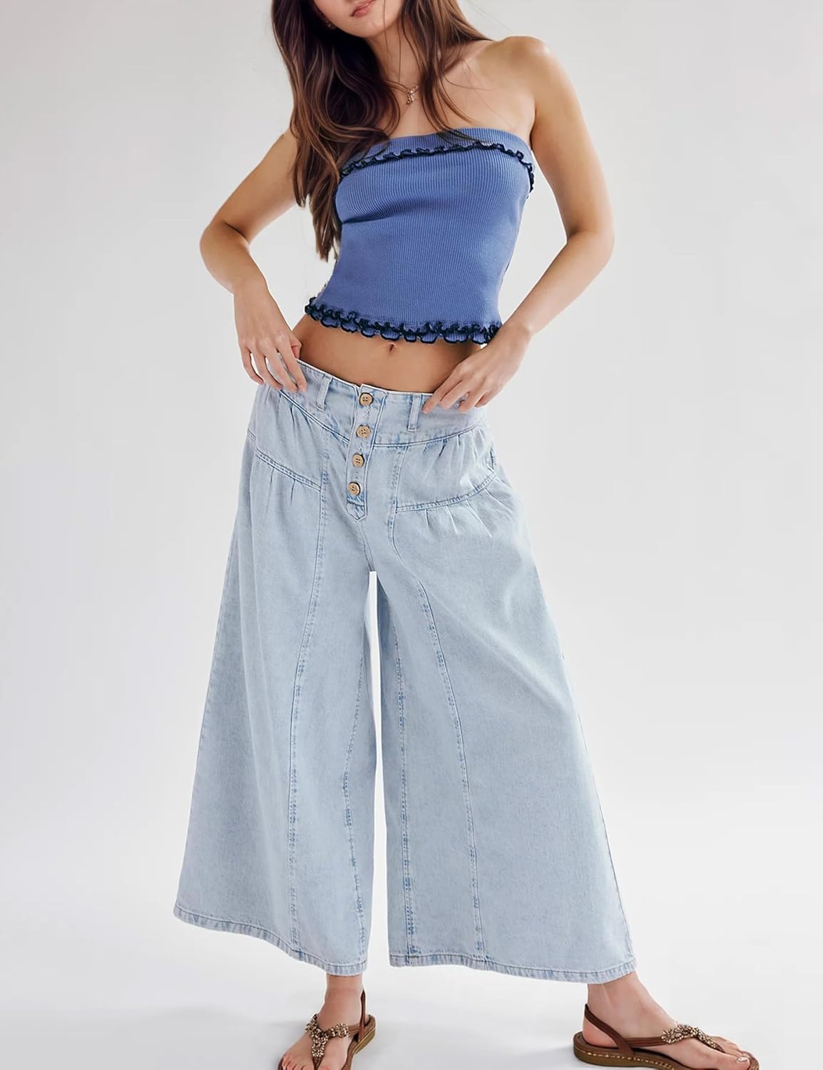 Lentta Women's Wide Leg Jeans Mid Rise Trousers Elastic Waist Button Pleated Denim Pants with Pockets(LightBlue-XL) - Image 6