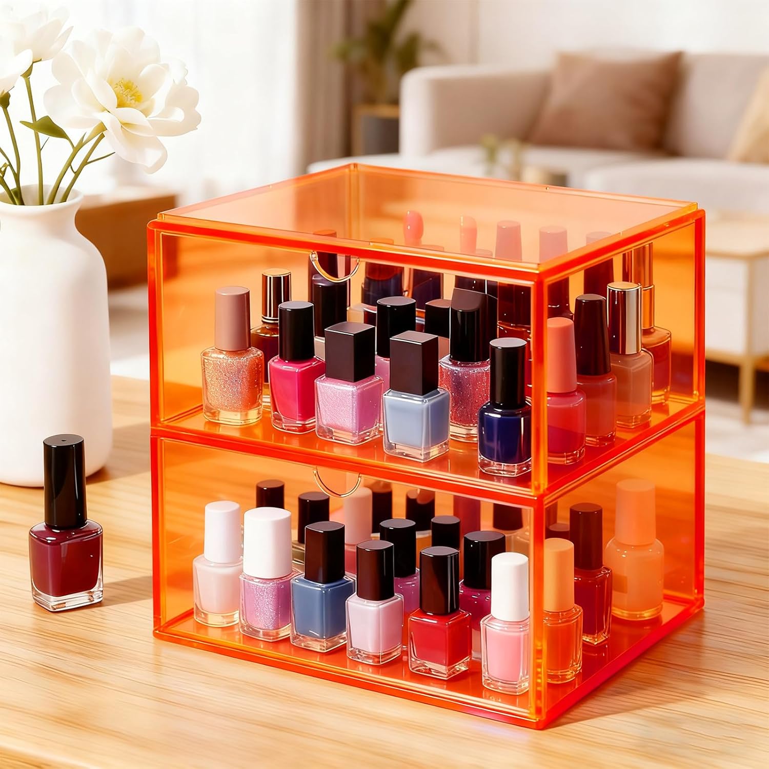 Acrylic Desk Organizer with Drawers Stackable Makeup Organizer for Vanity Office Countertop Cosmetic Display Cases Makeup Storage Box, Neon Orange