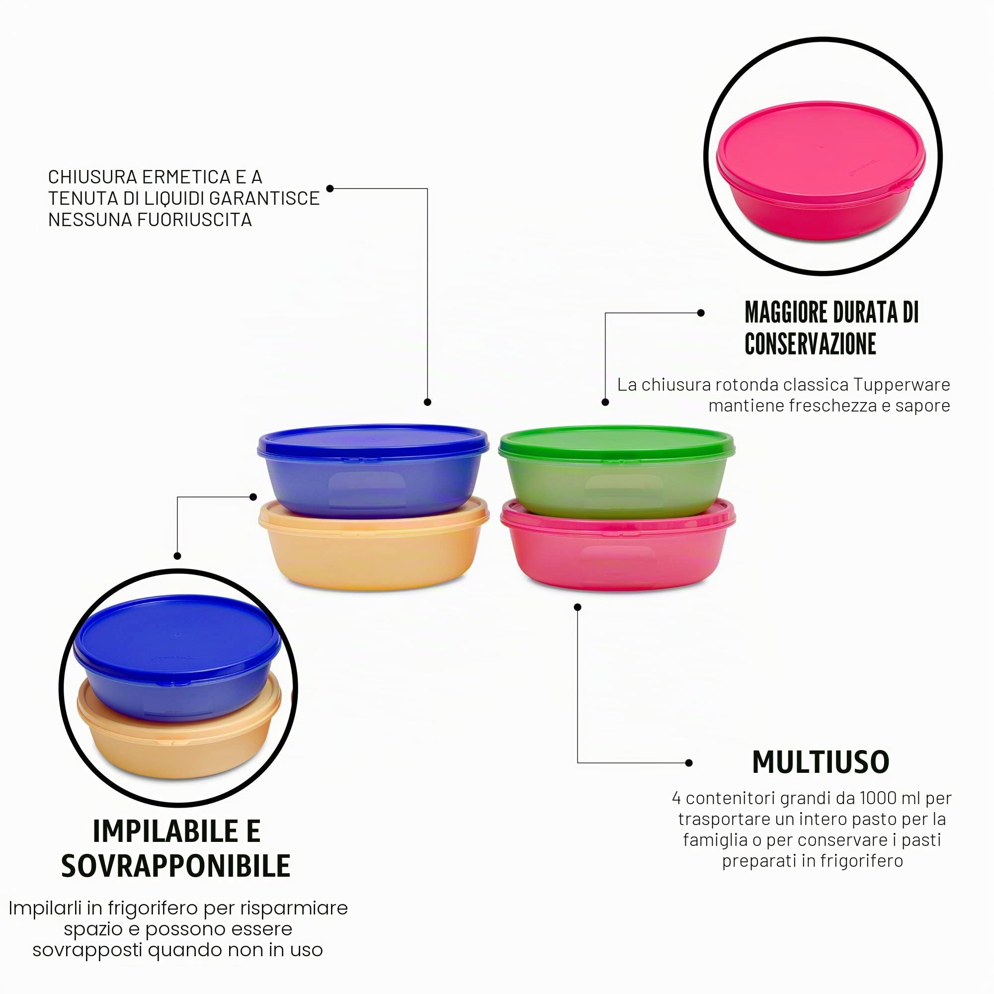 Tupperware Ciotola in plastica (1000 ml, multicolore) - 4 pezzi - Multicolore