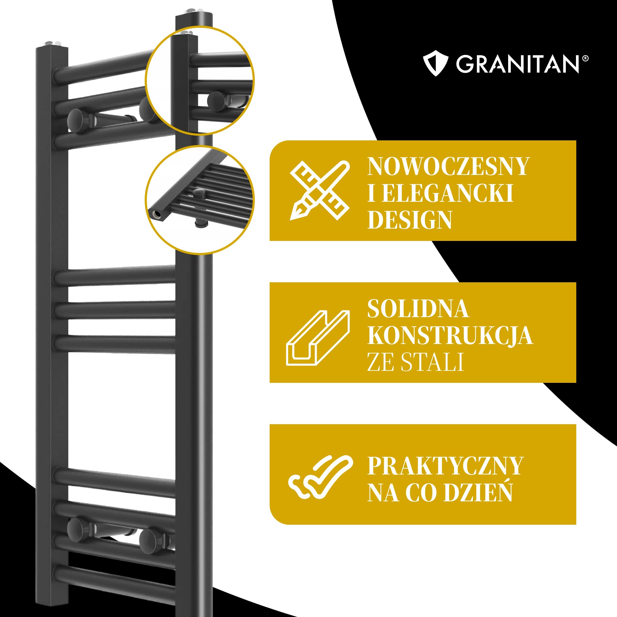 Granitan Grzejnik Łazienkowy BRENO 40x110 cm, Czarny, 369W | Grzejnik Łazienkowy Wodny, Ścienny grzejnik, drabinka do suszenia ręczników, podłączenie do centralnego ogrzewania