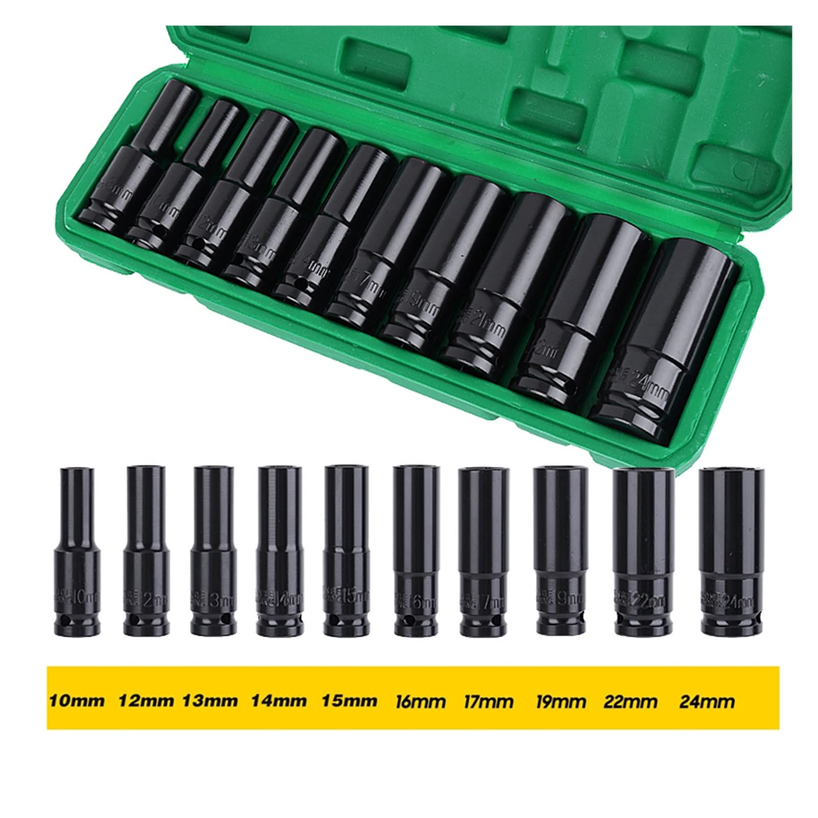 Set di chiavi a bussola a impatto profondo, 1/2", esagonali metriche da 10-24 mm, 10 pezzi, in acciaio al carbonio, con custodia rigida