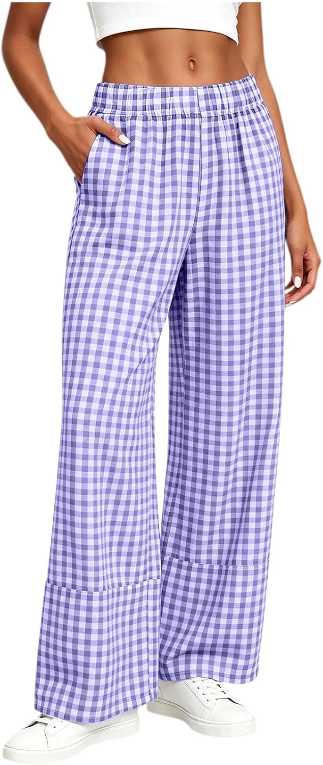 Women Gingham Wide Leg Pants Elastic Waist Loose Fit Sleep Trousers