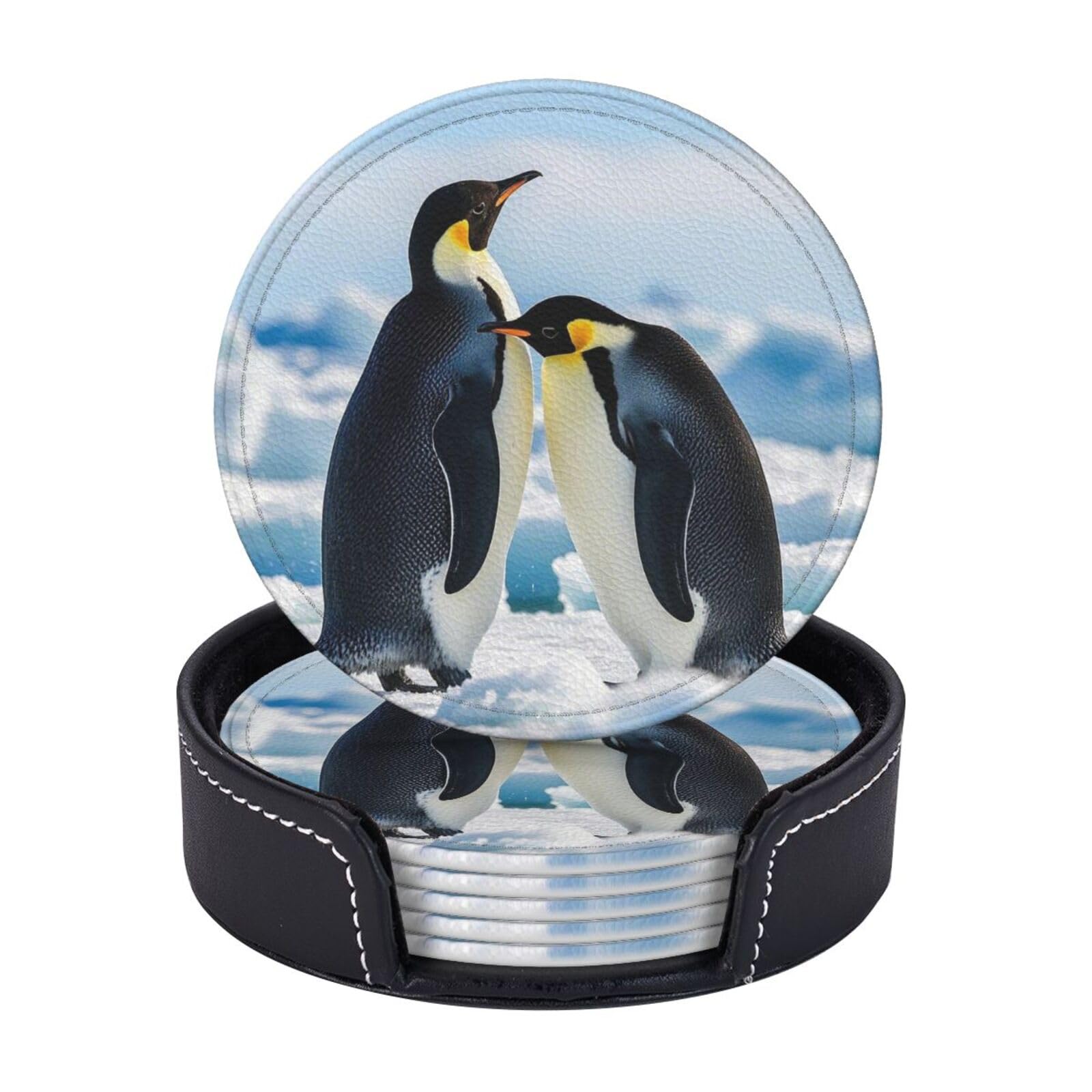 Drink Coasters 6 PCS Round Leather Coaster Young Penguins Coasters for Drinks Non-Slip Mugs Pads with Holder Personalized Cups Pad Mat for Coffee Table Kitchen 4 Inch