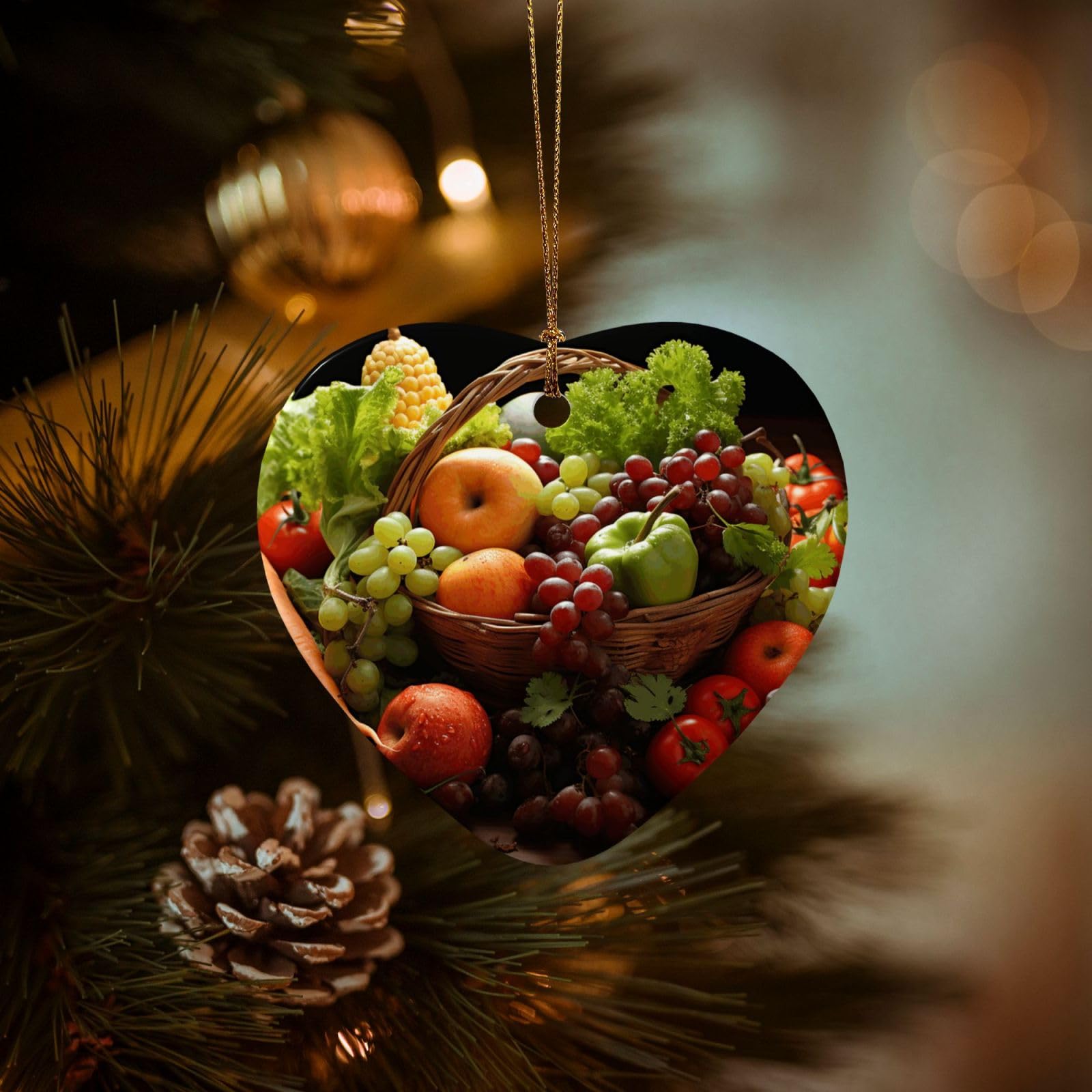 Christmas Ornaments for Christmas Tree Decoration Hanging Colorful Various Vegetables Ornament with Gold Ribbon Crafts Heart Shape Ceramic Pendant for Keepsake Gifts Xmas Decor Party Supplies
