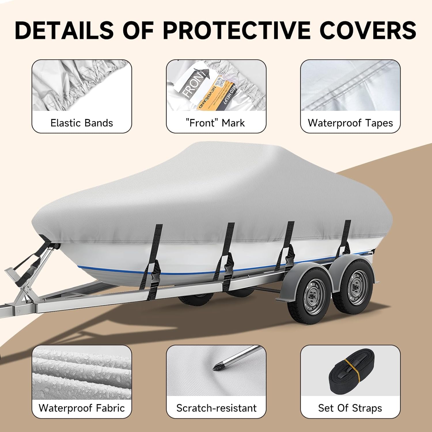 NEVERLAND Boat Cover 17-19 ft 600D Waterproof Boat Covers Fits Bass, V-Hull, Tri-Hull, Fish & Ski, Runabout Bowrider Boat, 17' 18' 19' feet Heavy Duty Canvas Trailerable Boat Cover Gray