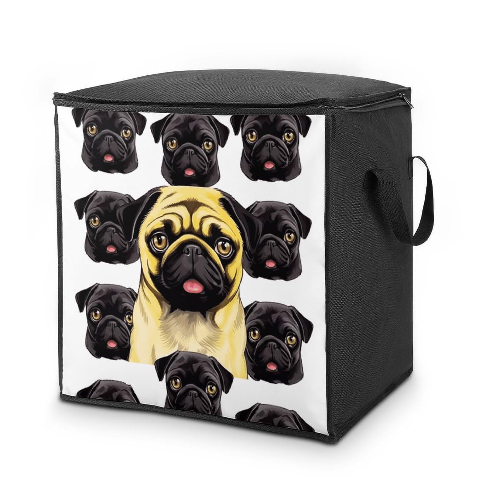 70L Black Yellow Pug Storage Bag With Zipper Closet Organizers with Handle for Home Storage Organizer for Blankets Quilts Clothes Comforter Bedding And Pillows