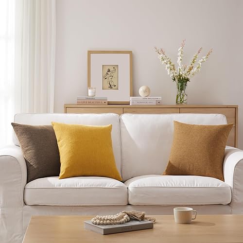 Miniatura 4 de Meekio Juego de 2 fundas de almohada color mostaza de 18 x 18 pulgadas, fundas de almohada decorativas de lino con estilo bohemio y campestre para