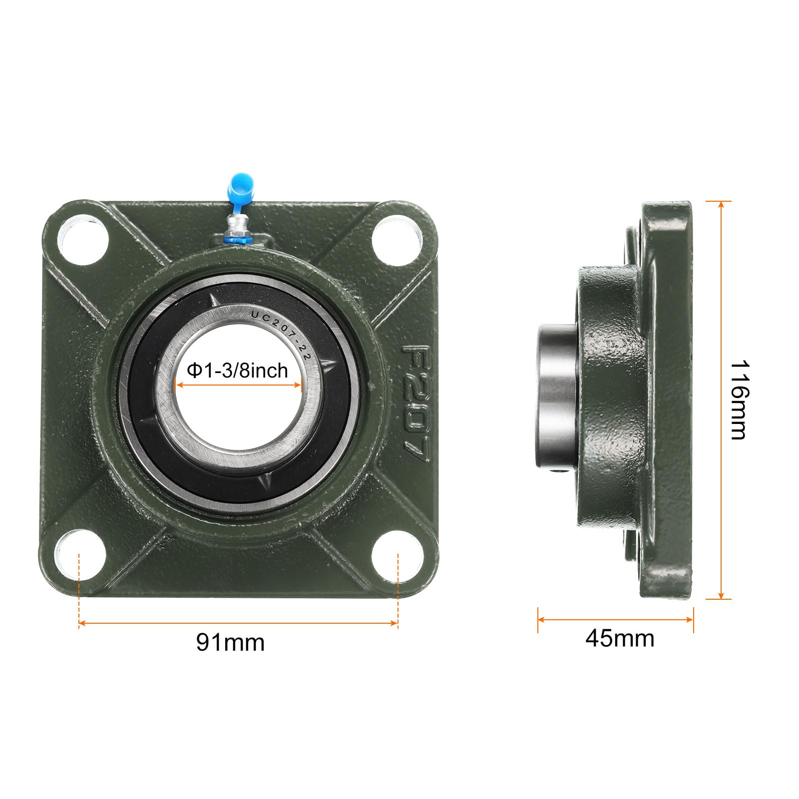 2pz UCF207-22 Cuscinetti a Blocchetto Cuscino con Foro 1-3/8 Pollici Autoallineanti, Cuscinetti Acciaio Cromato Montati Flangia Quadrata con Base Ghisa Solida
