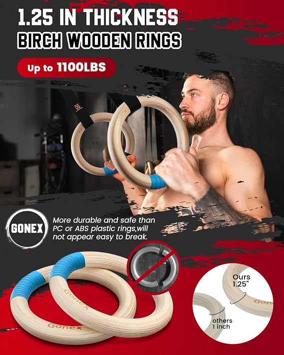 Gonex Wooden Gymnastic Rings with Adjustable Straps, 8.7 ft | Birch Wood Rings, Quick-adjust Carabiners Buckle Numbered Straps, Home Gym & Outdoor Training, Full-body Strength Workouts