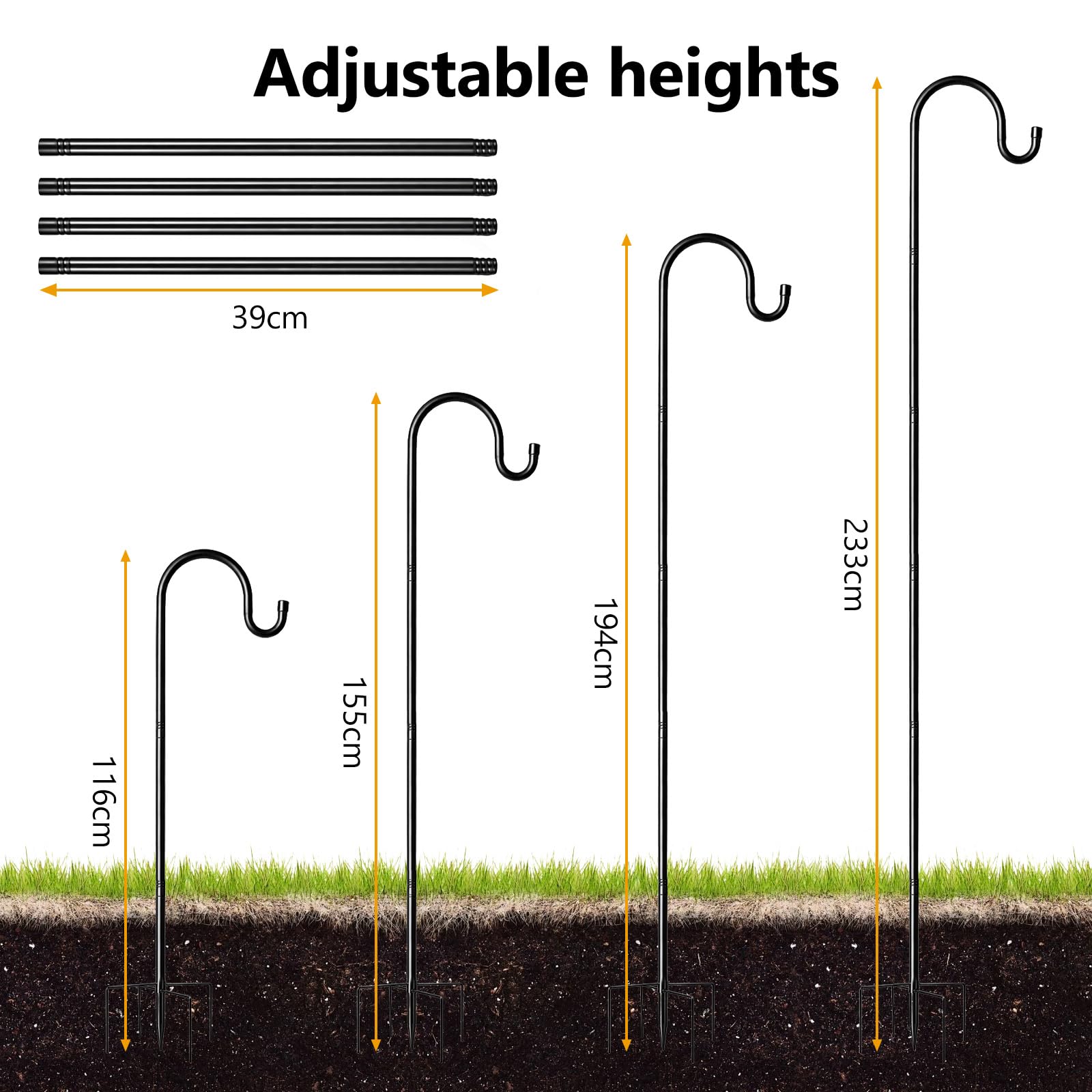 EVERGOODS Bird Feeder Pole 7.6 FT Tall Stake with 4 Height Settings 233cm Shepherds Hooks Heavy Duty 5 Prongs Base Heavy-Duty Steel Shepherds Hook for Hanging Feeders, Squirrel Baffle, Bird Bath-Black — view 2