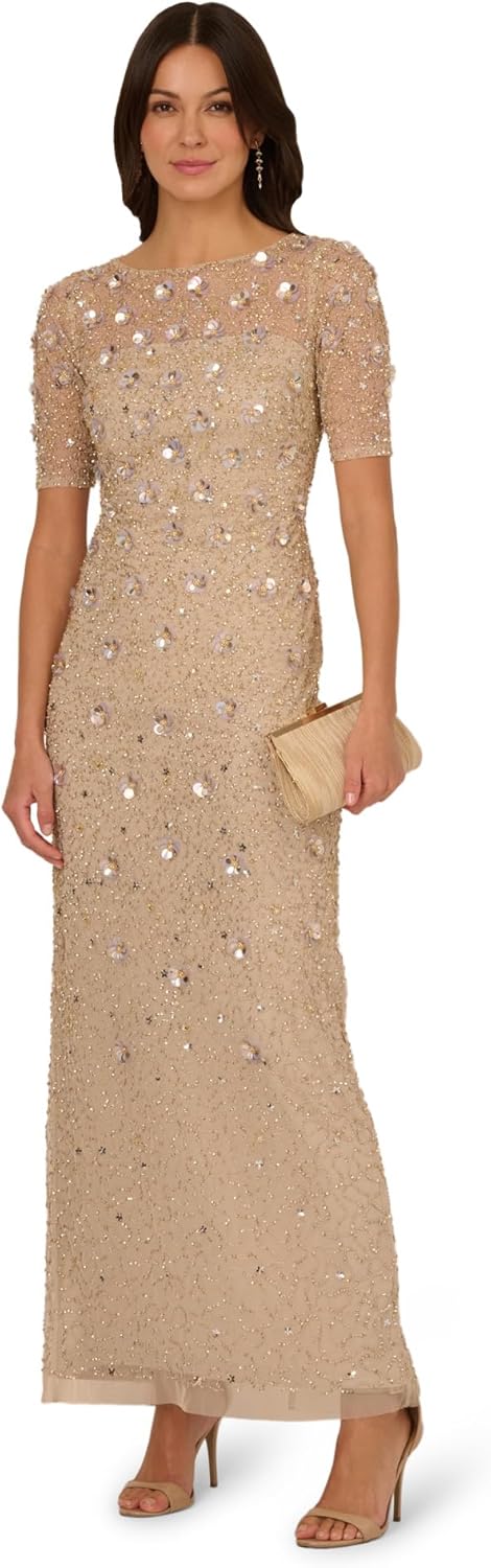 Adrianna Papell Women's Beaded Long 3D Floral Dress, Biscotti - Image 3
