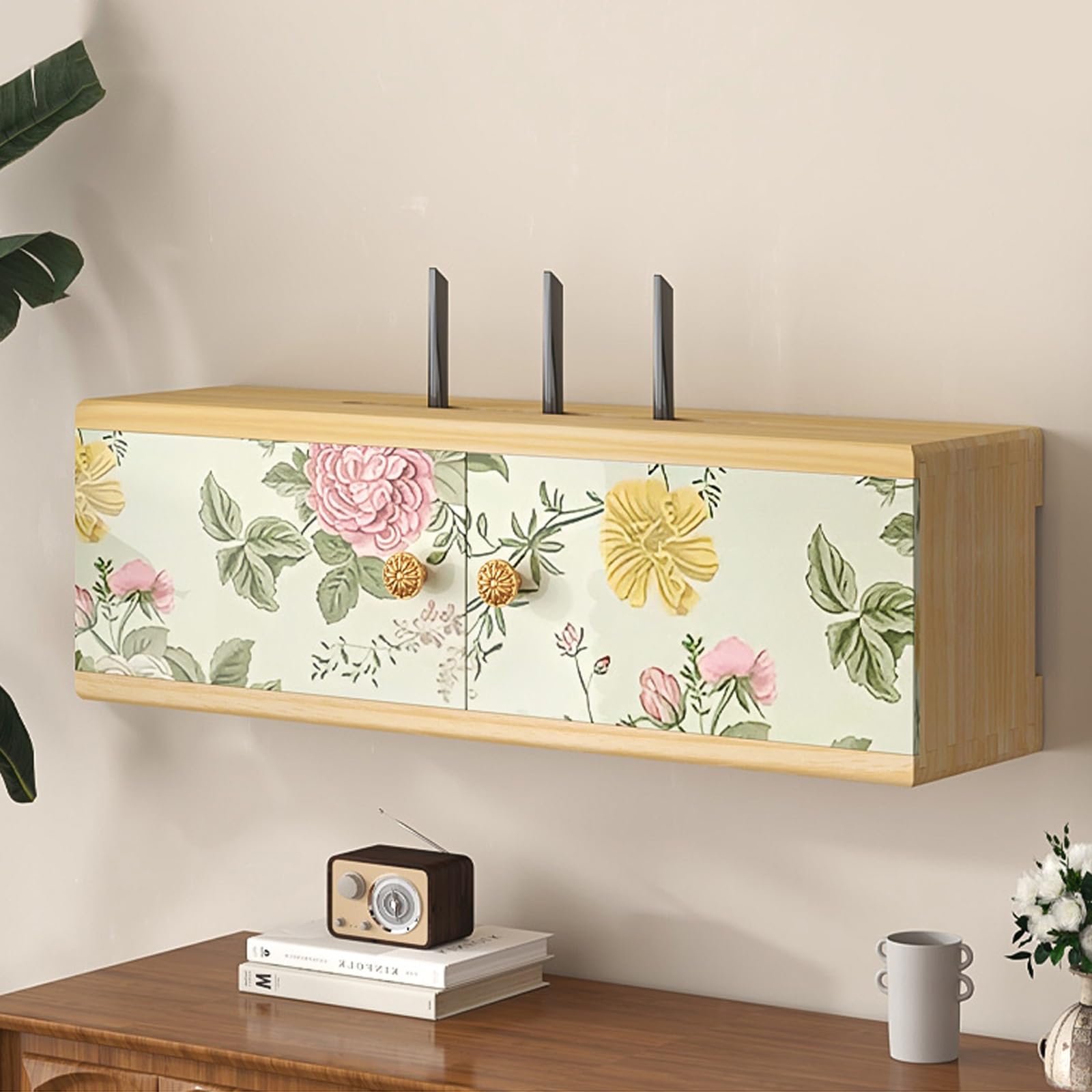 MESCXTY Wooden Wall-Mounted WiFi Router Hidden Storage Box Power Strip Shelf, Cabinet, Modem and Cable Management Hider Organizer(Yellow,48cm/18.9in)