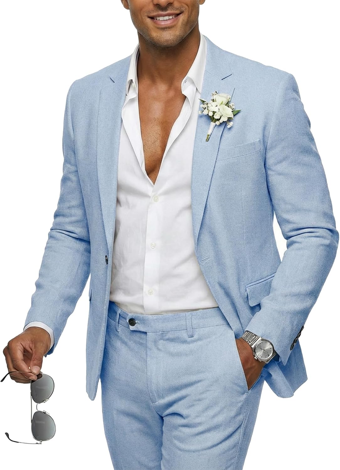 Hihawk Men 2 Piece Regular Fit Linen Suit, Casual Blazer Pants Set, Lightweight Jacket Trouser for Wedding Prom