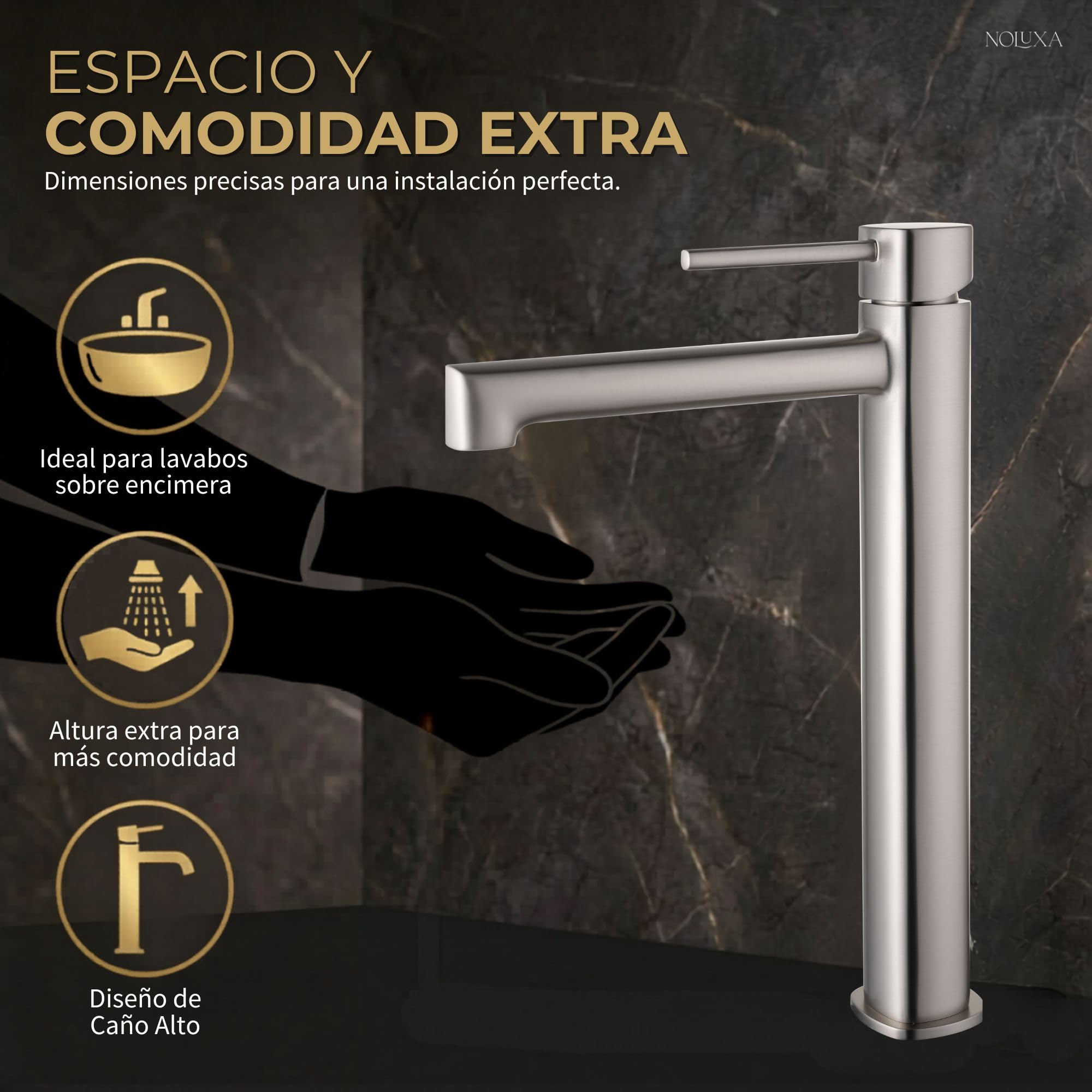 IMEX - Grifo Lavabo Níquel Caño Alto | Grifo para Lavabo de Baño con Agua Fría y Caliente | Grifería Monomando Efeto Cascada con Caño de Latón | Ahorro de Agua | Serie Toscana | Color Níquel Cepillado