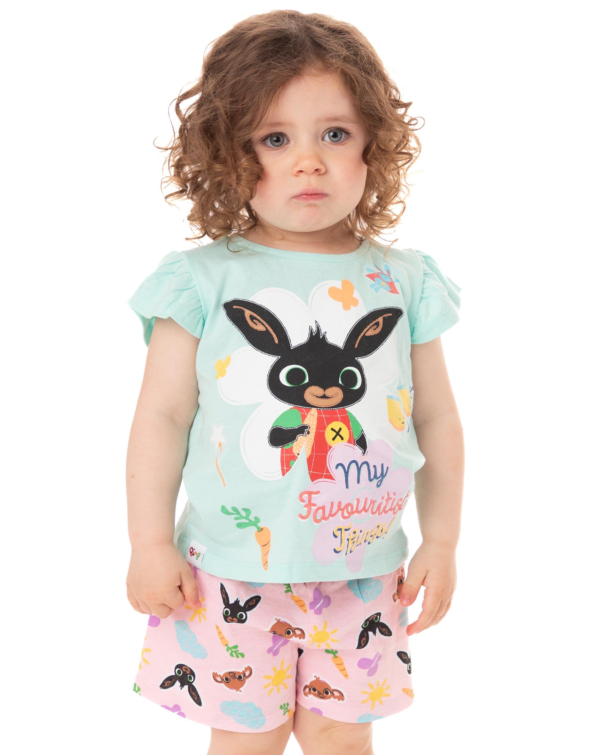 Bing Bunny Pyjamas For Girls | Pink Blue Sula Characters PJs with Frilly Short Sleeve T-Shirt & Shorts | CBeebies Childrens Show Merchandise