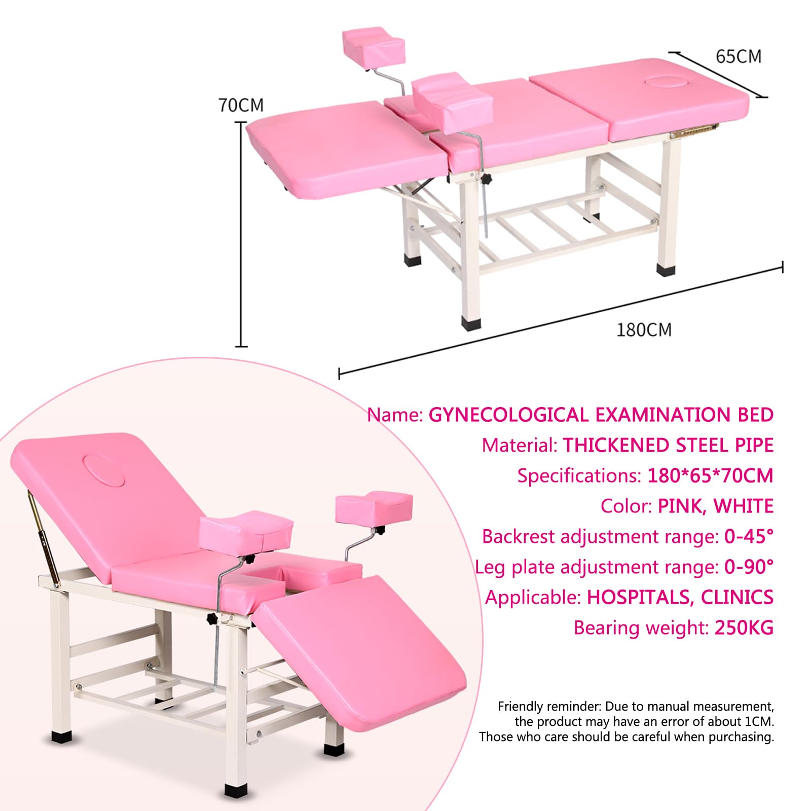 LINLIUA Lettino per Visita ginecologica, Attrezzature infermieristiche, Letto per chirurgia prenatale, Schienale Regolabile, Lettino Spa, Trattamento ginecologico per la Salute Femminile A Pink