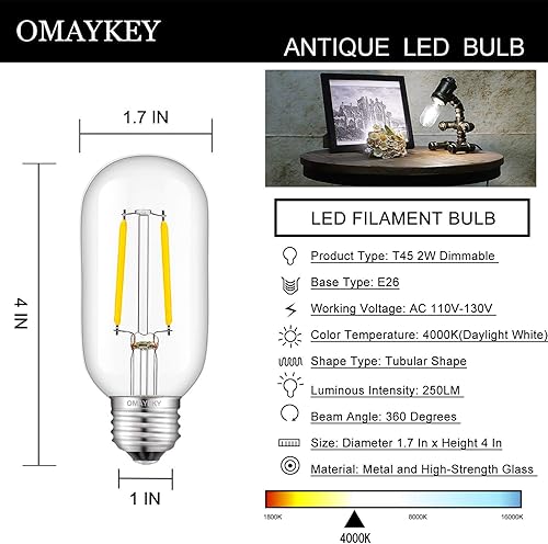 Miniatura 3 de OMAYKEY Bombilla tubular LED de 2 W, 4000 K, luz diurna blanca, equivalente a 25 W, base E26 de 250 lúmenes, tubo Edison T45 antiguo, vidrio