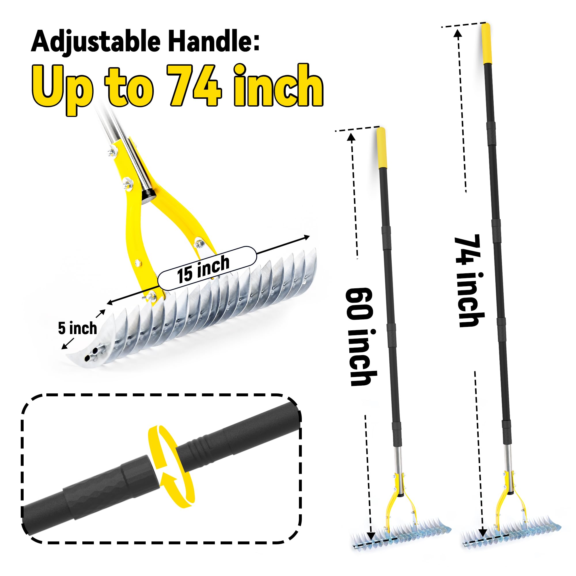 Rastrillo de mantenimiento de aluminio de 36 pulgadas para campos de béisbol, jardines y paisajismo, con mango ajustable de 66'' a 98'' para céspedes, lagos, cuidado de malezas, jardinería y aflojam