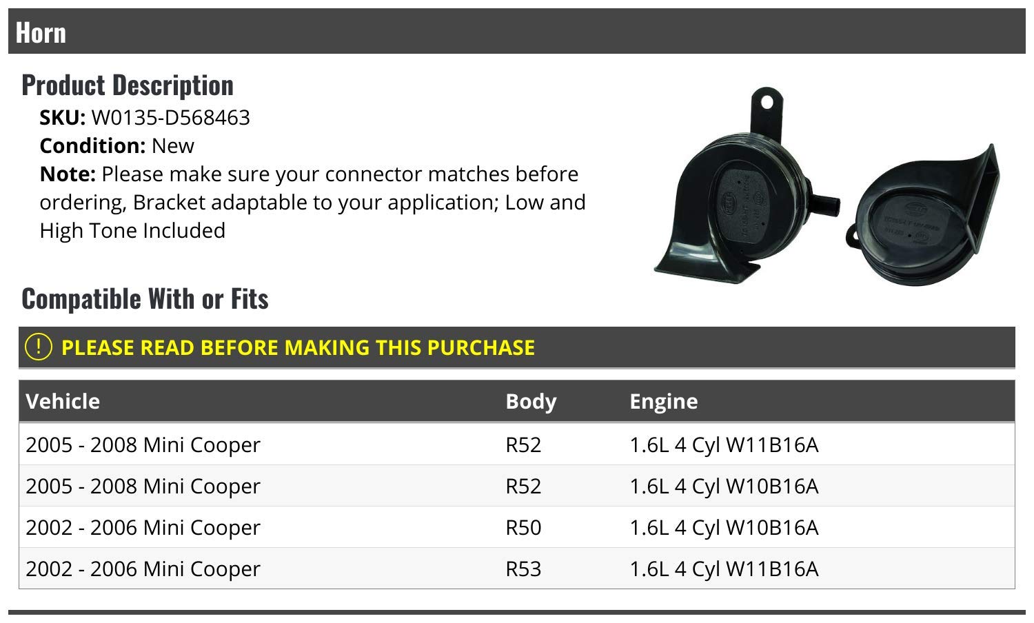Marketplace Auto Parts Horn - Low and High Tone - Compatible with 2002-2008 Mini Cooper 1.6L 4-Cylinder W11B16A